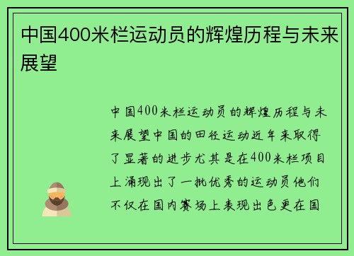 中国400米栏运动员的辉煌历程与未来展望