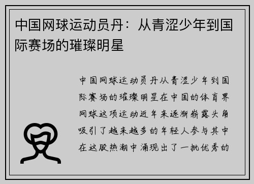 中国网球运动员丹：从青涩少年到国际赛场的璀璨明星